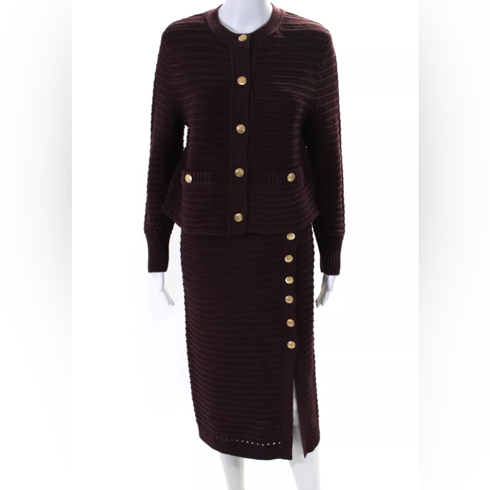 Toccin Long Sleeves Button Up Two Piece Sweater Skirt Set Burgundy Medium